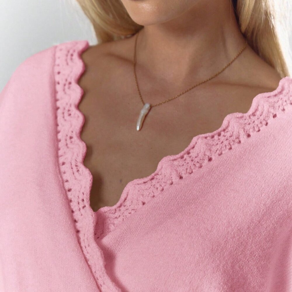 Pink Casual Women's Soft Crochet Knit Long Sleeve Top - Picture 6 of 6
